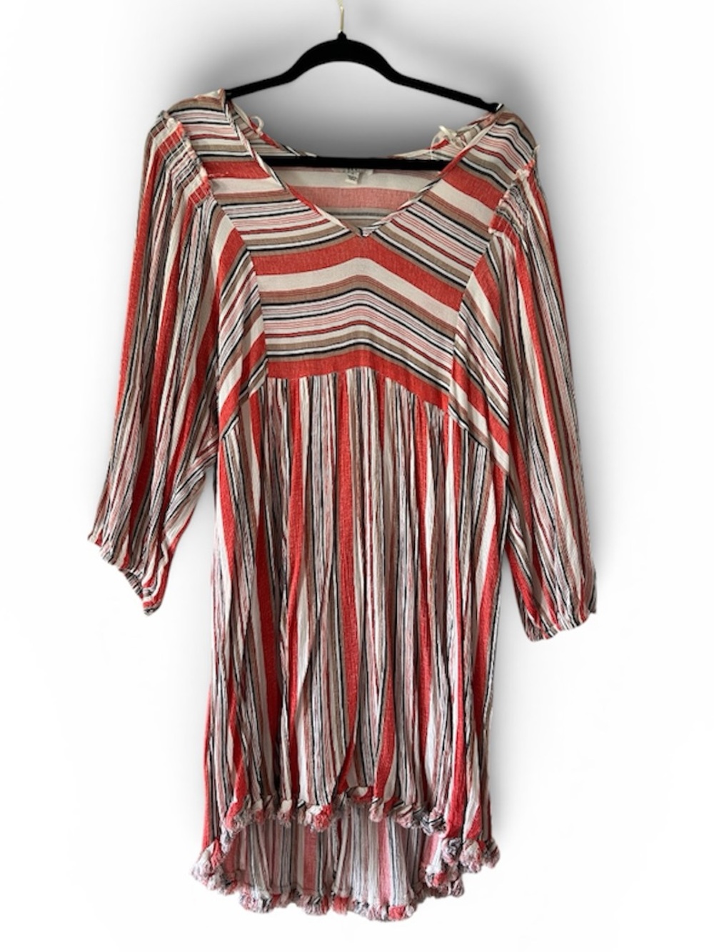 Striped V-Neck Peasant Top in Coral & White
